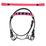 Svart träns för Hobby Horse med bett, ett rosa och svart pannband med trianglar och ett extra enfärgat rosa pannband