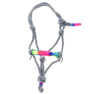 Hobby Horse rope halter Manhattan laid flat: grey rope with knots, rainbow noseband and rainbow wrapped rope ends