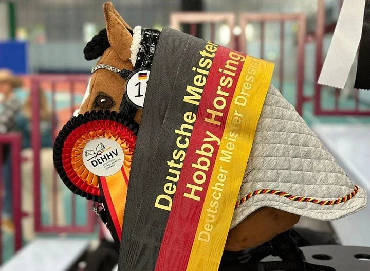 Prisbelönt käpphäst med band och rosett från tyska mästerskapet i Hobby Horsing