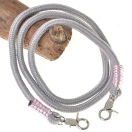 Hobby Horse Reins Tizian by LarDen, light grey rope reins with pink and silver wraps and two silver snap hooks