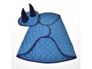 Set Thermo Sky laid flat, quilted blue Hobby Horse blanket and ear bonnet with navy ears and navy binding