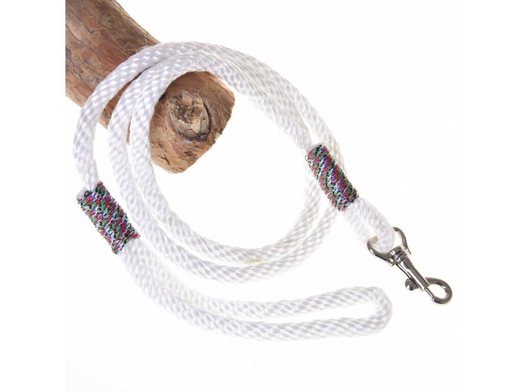 LarDen Hobby Horse Lead Rope White with colourful braided wraps and silver snap hook, draped over a wooden branch