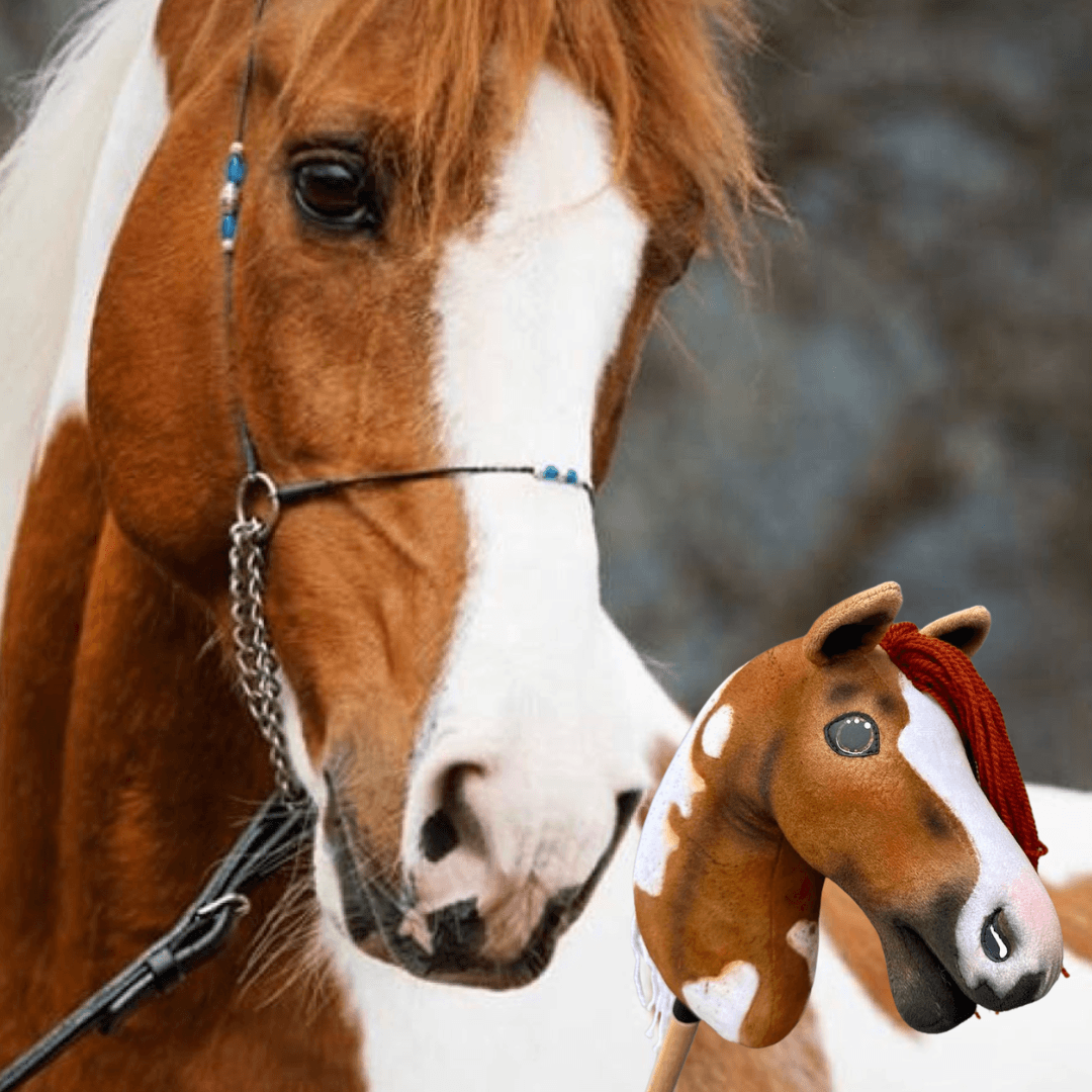 Chestnut and white paint horse in a show halter next to its Hobby Horse copy with white patches and a red yarn mane