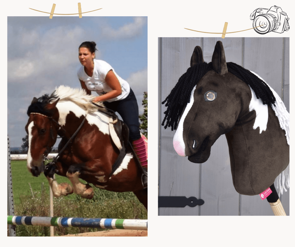 Collage of a woman jumping a brown and white horse beside a dark brown and white Hobby Horse with a black yarn mane