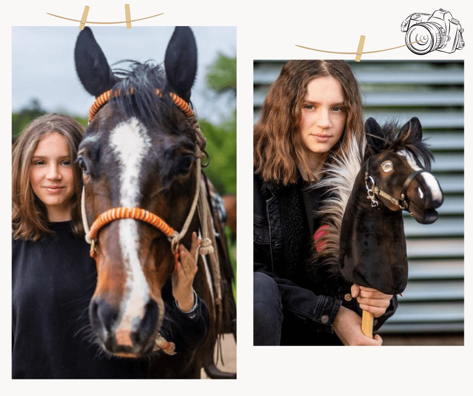 Two photos of a girl: beside her dark bay horse with an orange rope halter and holding its dark brown Hobby Horse copy