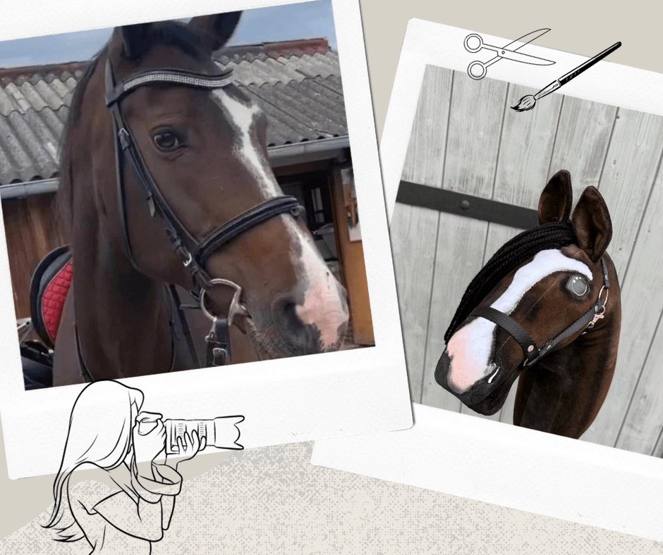 Polaroid collage of a dark bay horse with a blaze and its Hobby Horse copy with a white blaze and braided black mane