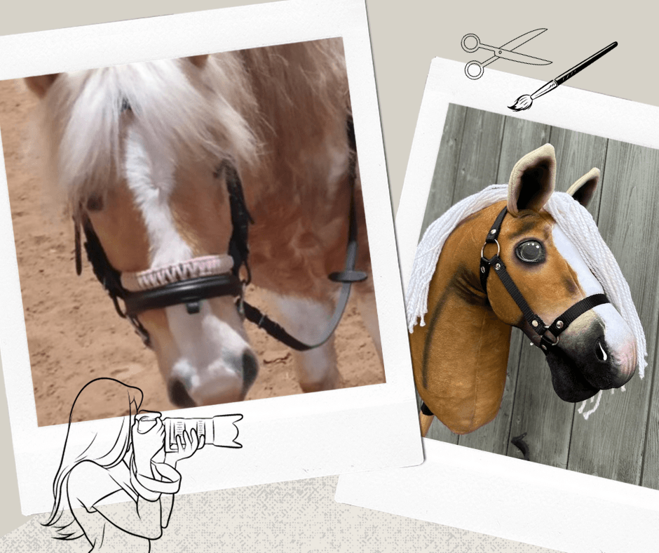 Polaroid collage of a light chestnut pony with a flaxen mane and its Hobby Horse copy with a white yarn mane and blaze