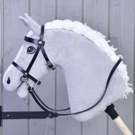 LarDen Hobby Horse Complete black bridle from leatherette with long reins on a grey plush horse with a braided white mane