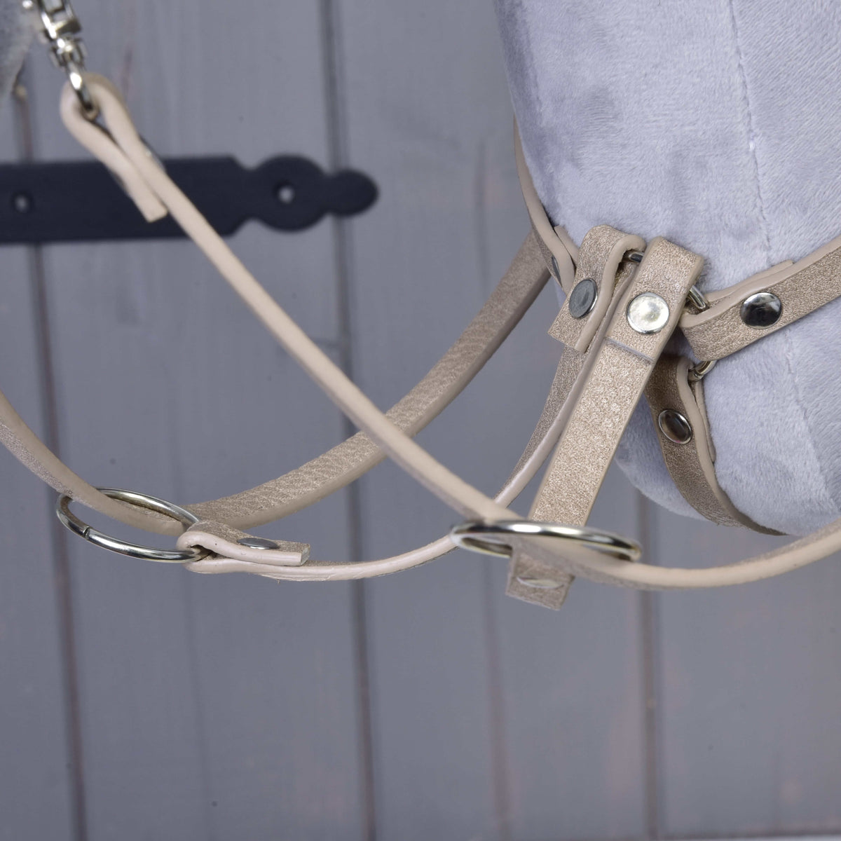 Close-up of the beige martingale rings with the reins running through them under the neck of a grey Hobby Horse