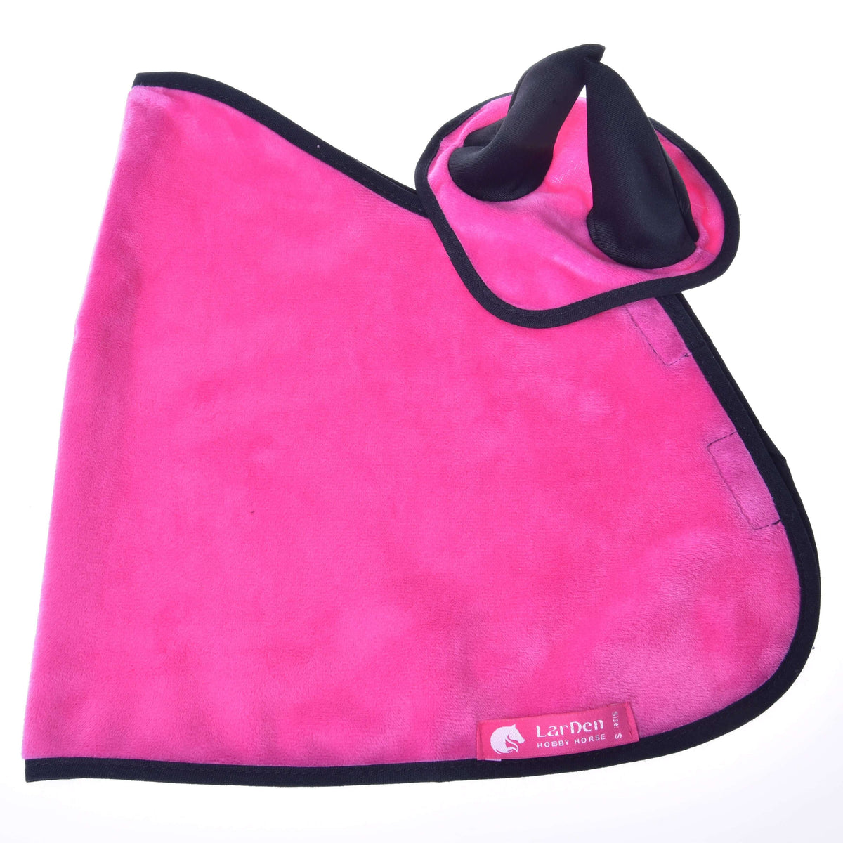 Outer side of the hot pink velvety Hobby Horse blanket with the ear bonnet on top and a pink LarDen label