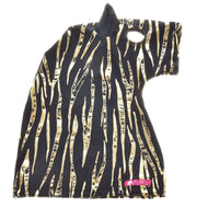 Black Zebra Gold suit laid flat with gold foil stripes, an eye opening, a black ear and the pink LarDen label