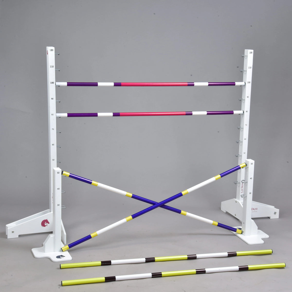Low stands with two blue-yellow poles crossed in an X, purple-pink poles above and yellow-black poles on the floor