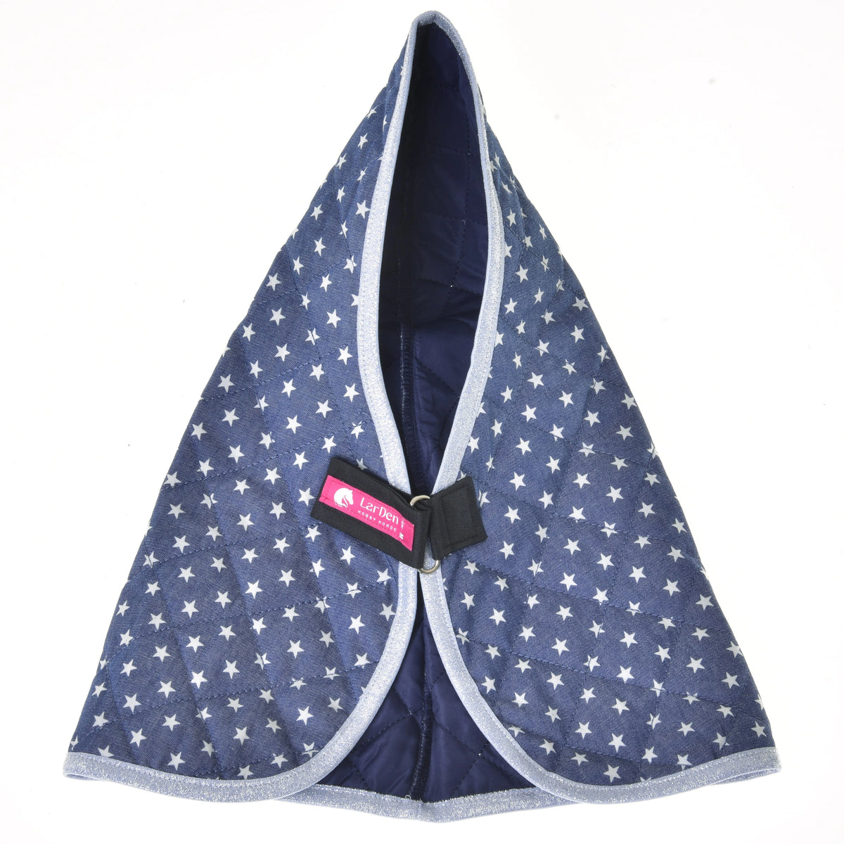 Hobby Horse Stable Blanket Star laid open on white, with navy lining, silver edging and black chest strap with metal ring