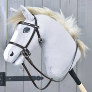 LarDen Hobby Horse Complete brown bridle with diamonds from leatherette with reins on a grey plush horse with a cream mane