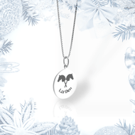 Silver necklace with Hobby Horse pendant by LarDen: two crossed horse heads engraved on a round disc, on a box chain