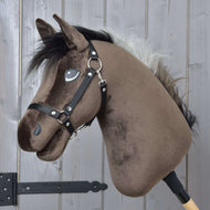 Hobby Horse Alfredo with Black Halter by LarDen, a dark brown plush head with a fluffy black and silver-grey mane