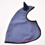 Hobby Horse Raincoat Bloom laid flat, light blue fabric with a navy ear, navy binding with pink piping and a pink label