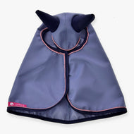 Hobby Horse Raincoat Bloom by LarDen from above, dusty blue with navy ears and navy binding with pink piping