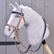 Complete bridle with noseband Brown Purple by LarDen on a grey Hobby Horse, tan straps with purple browband and reins