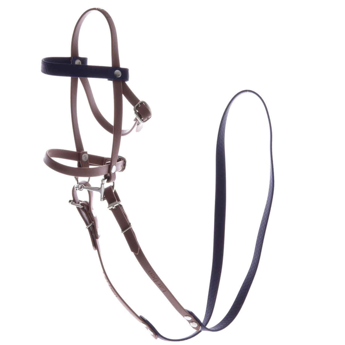 Tan leatherette Hobby Horse bridle with dark purple browband and reins and a small bit on a white background