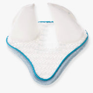 Hobby Horse Ear bonnet Glitter Cuties by LarDen in white crochet with white satin ears, turquoise piping and glittery trim