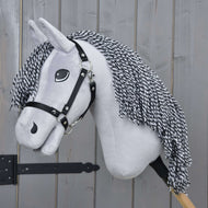 Hobby Horse Caesar with Black Halter by LarDen, a light grey plush head with a twisted black and white yarn mane