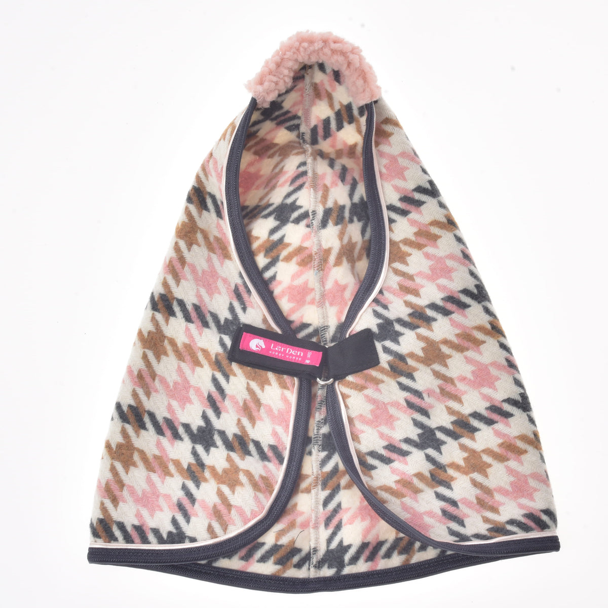Stable Blanket Country Rose for Hobby Horse laid open at the front, with the chest strap and pink LarDen label