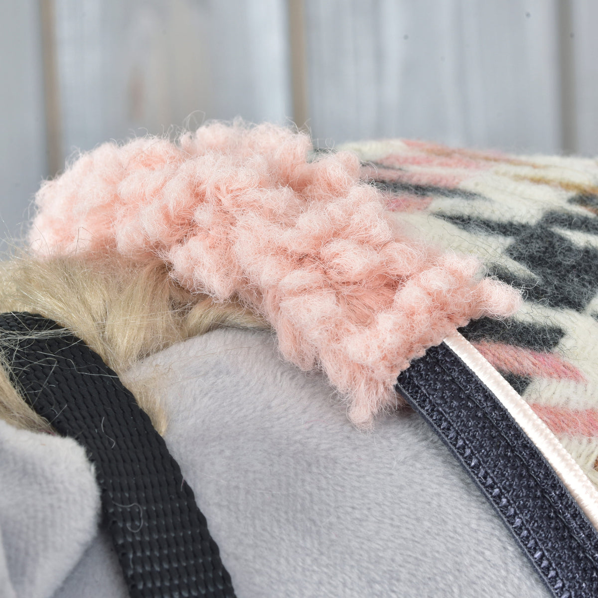 Close-up of the pink curly fleece collar on the Hobby Horse Stable Blanket Country Rose, worn by a grey Hobby Horse