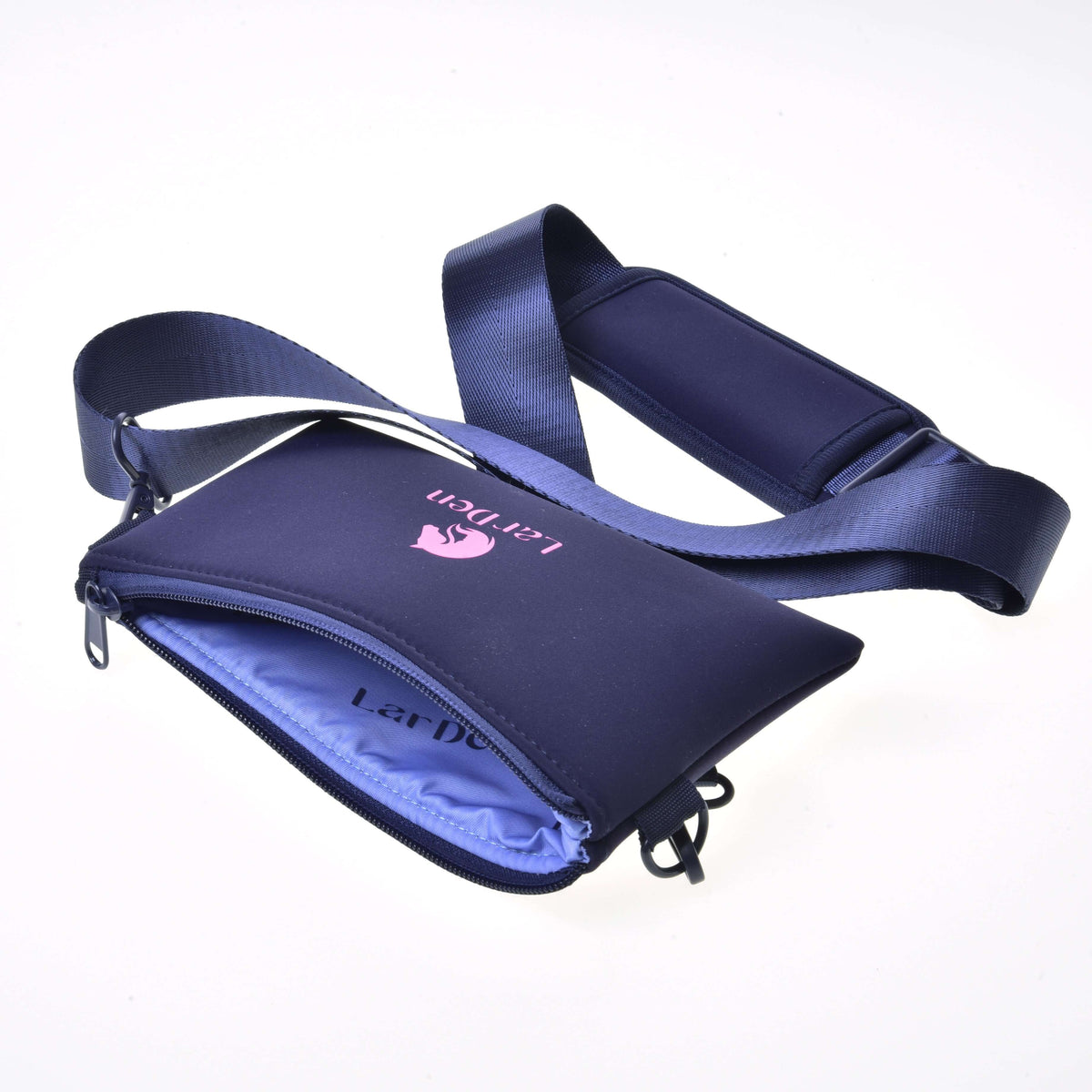 Hobby Horse Cross body bag with the zip open, showing the lilac lining printed with LarDen lettering
