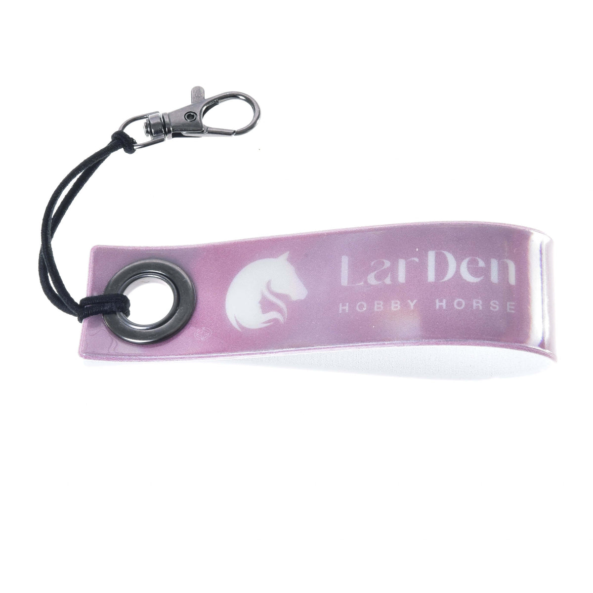 Hobby Horse nyckelring med band LarDen i reflekterande rosa med vit logga med hästhuvud, svart snöre och silverfärgad karbinhake