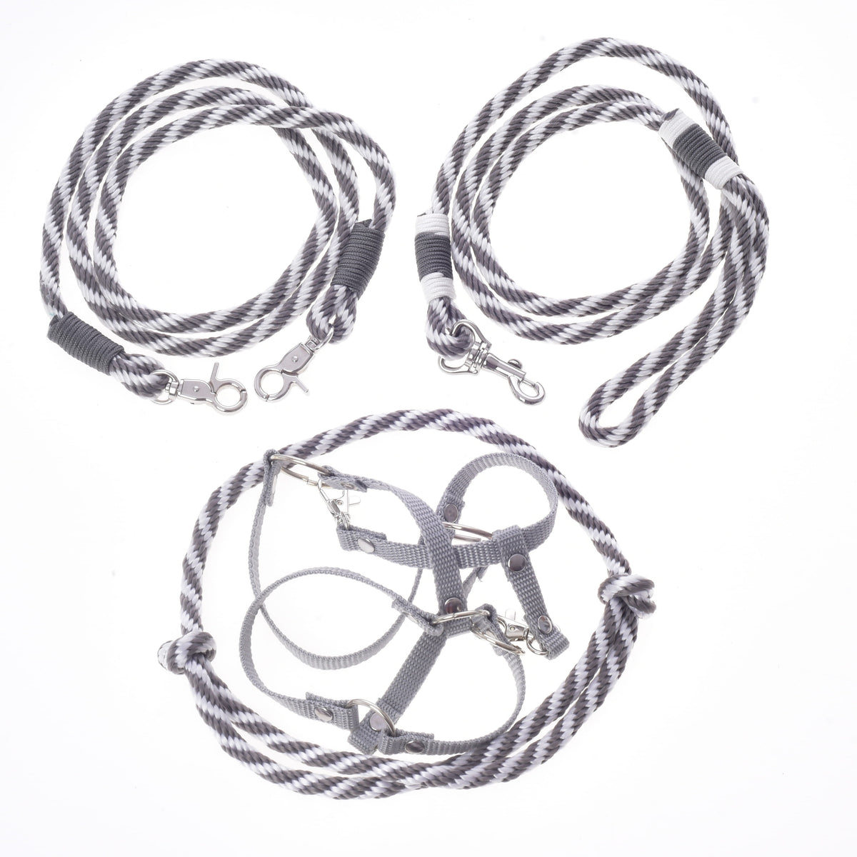 Hobby Horse Set Start Silver by LarDen: grey and white twisted rope reins, lead rope and cordeo with a grey webbing halter
