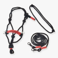 Hobby Horse Rope set Spark by LarDen: black rope halter with red braided noseband, neck ring and reins with black snap hooks