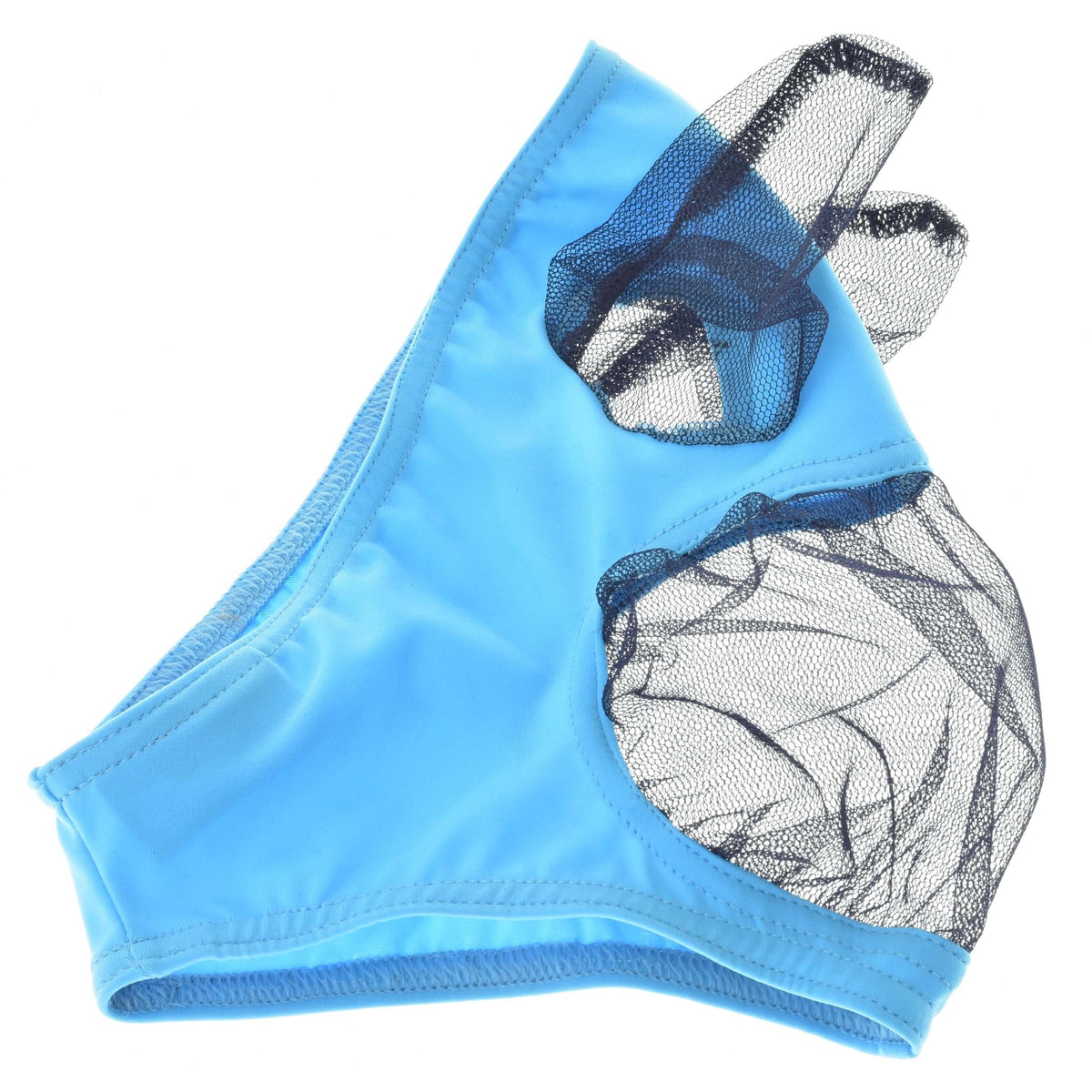 Hobby Horse flugmask liggande från sidan, ljusblått stretchtyg med öron- och ögonpaneler av marinblått nät