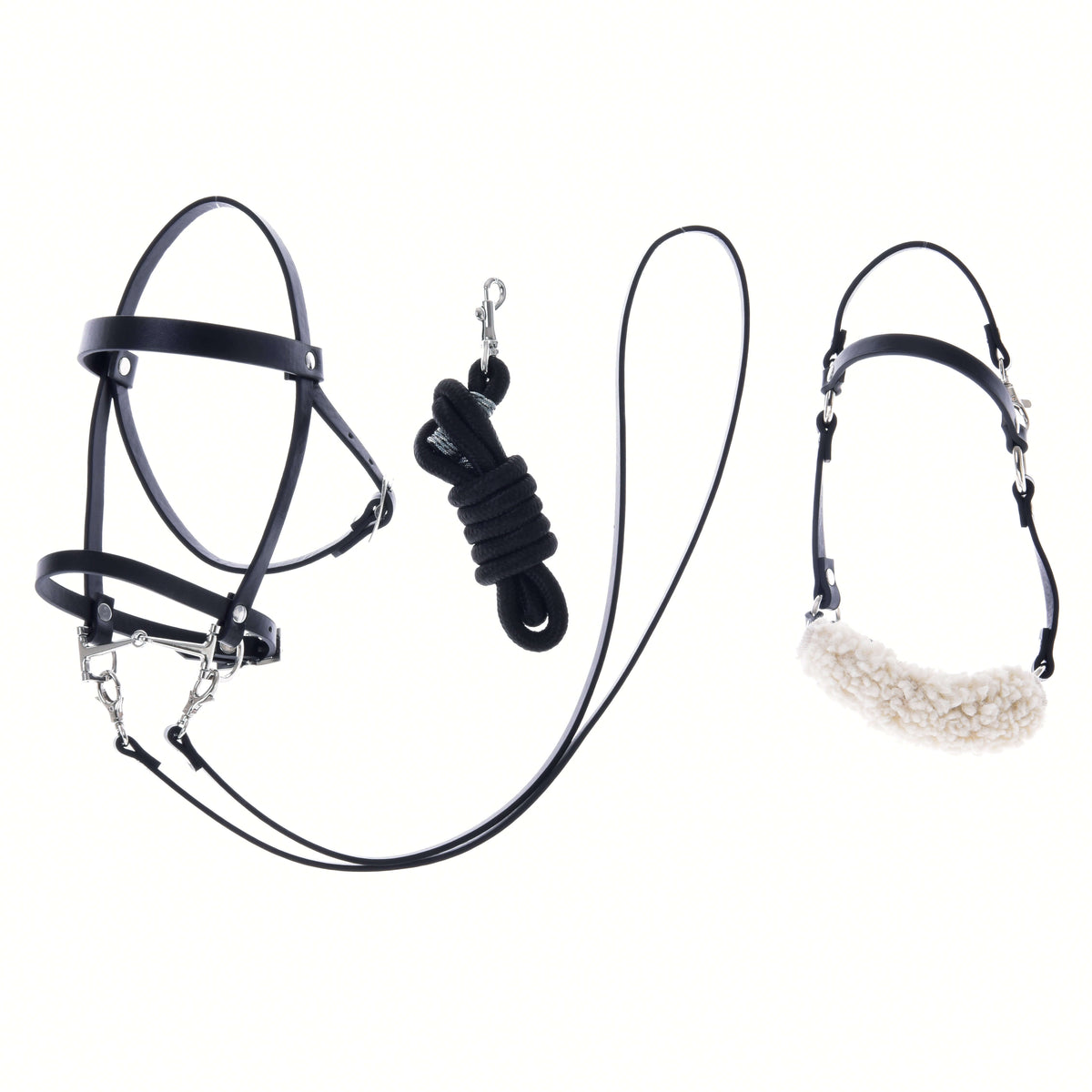Hobby Horse Set Basic by LarDen: black bridle with reins, coiled black lead rope and black halter with cream fleece noseband