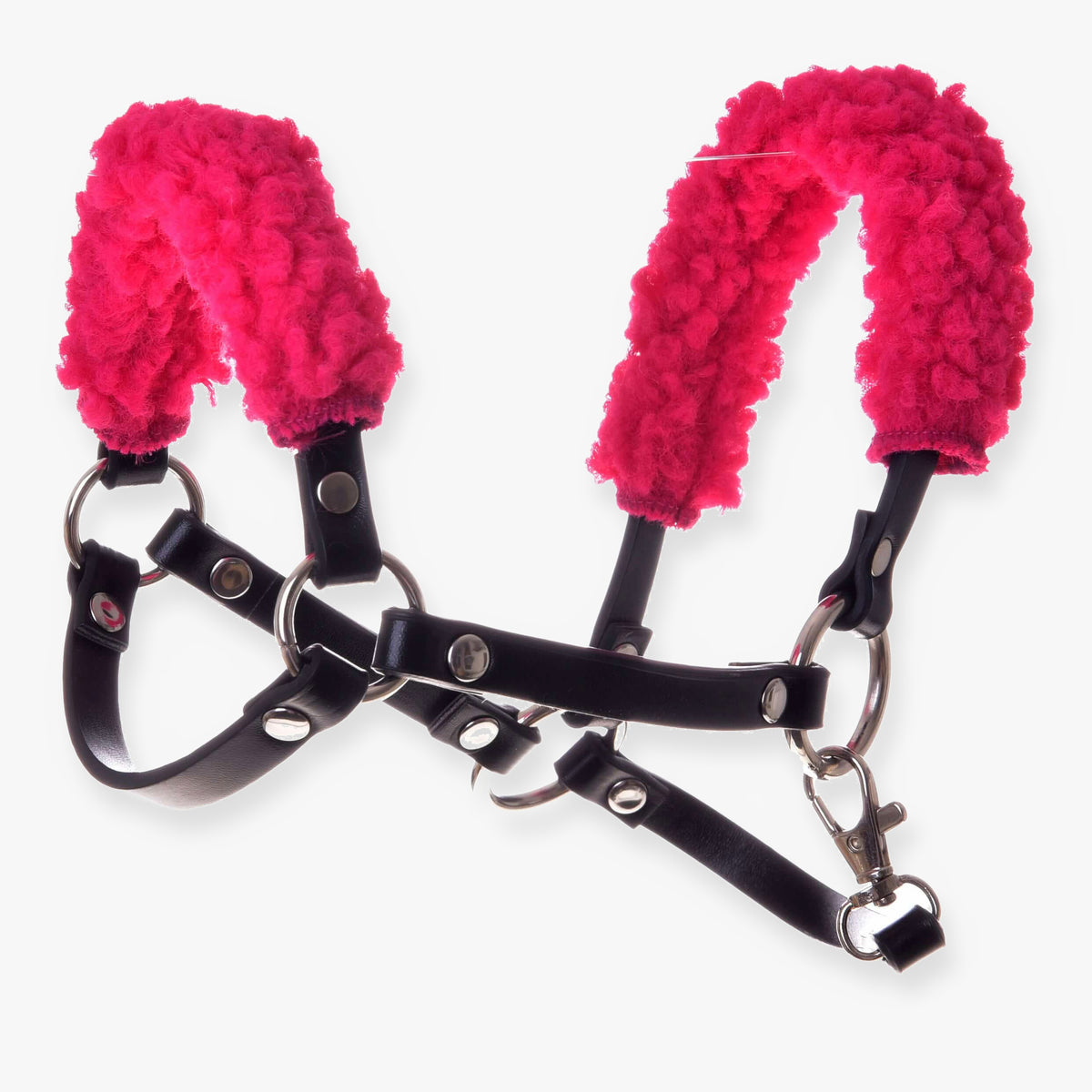 Hobby Horse Black halter with rose fur by LarDen in black leatherette with curly bright pink fur on noseband and crownpiece