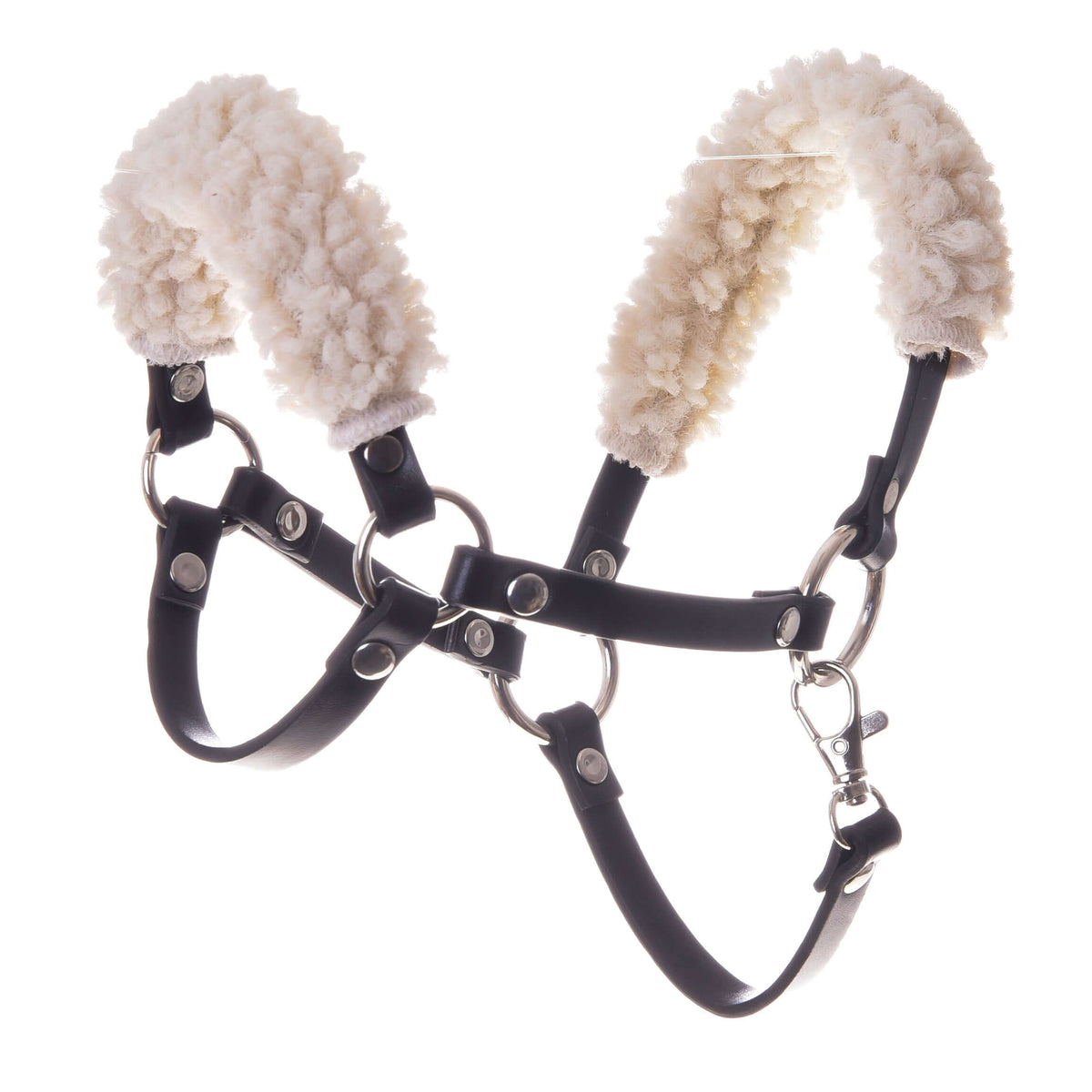 Hobby Horse Black halter with fur - leatherette by LarDen, cream curly fur on the noseband and crownpiece