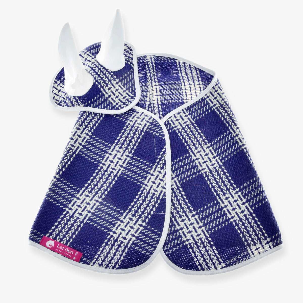 Hobby Horse Set Blue Cube by LarDen, blue and white checked blanket and ear bonnet with white ears and white binding