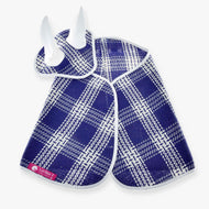 Hobby Horse Set Blue Cube by LarDen, blue and white checked blanket and ear bonnet with white ears and white binding