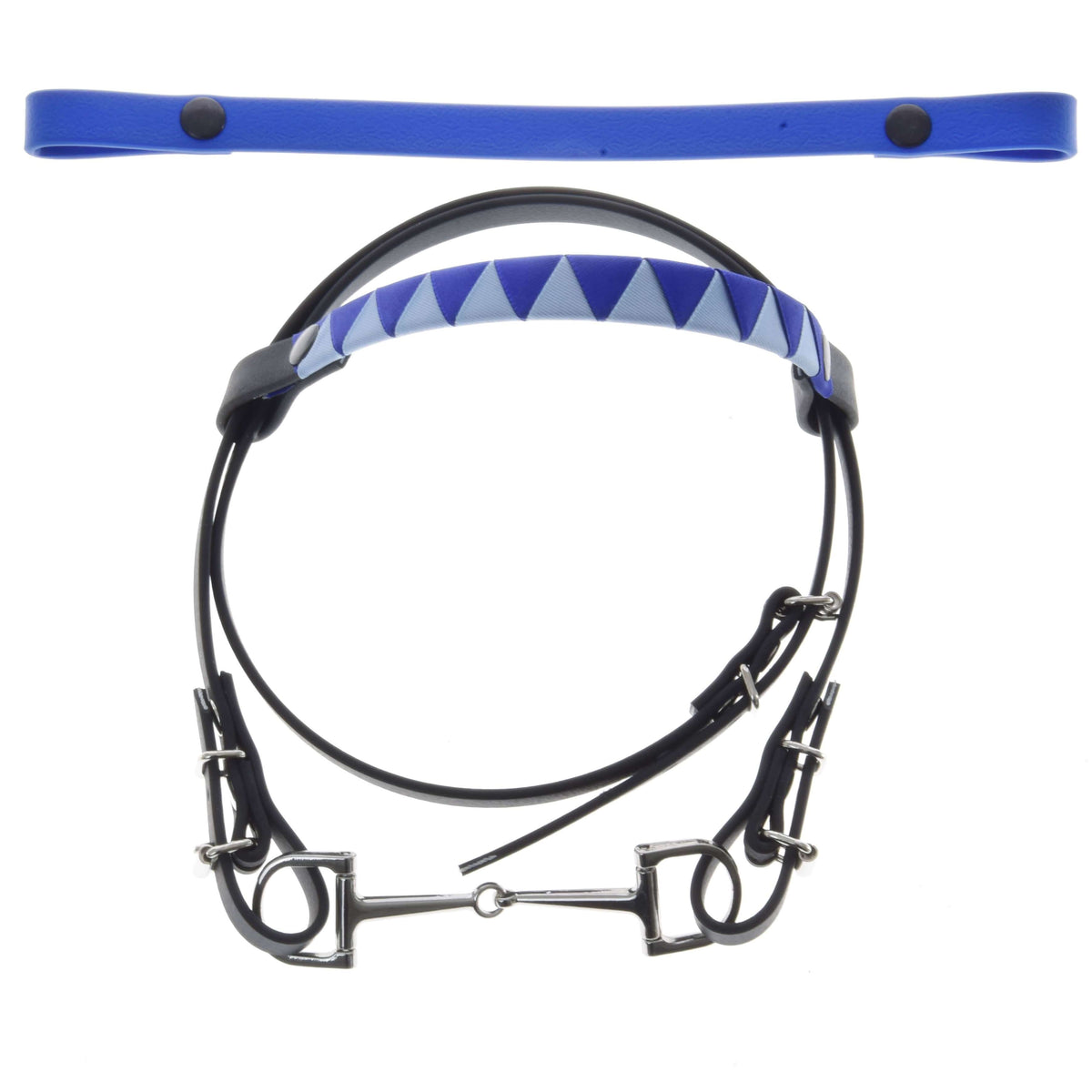 Black Hobby Horse bridle with bit, a blue triangle-pattern browband and a spare plain blue browband on white
