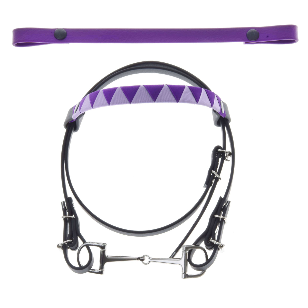 Svart träns till Hobby Horse med bett och lila pannband i triangelmönster, plus ett extra enfärgat lila pannband med tryckknappar