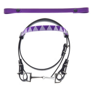 Svart träns till Hobby Horse med bett och lila pannband i triangelmönster, plus ett extra enfärgat lila pannband med tryckknappar