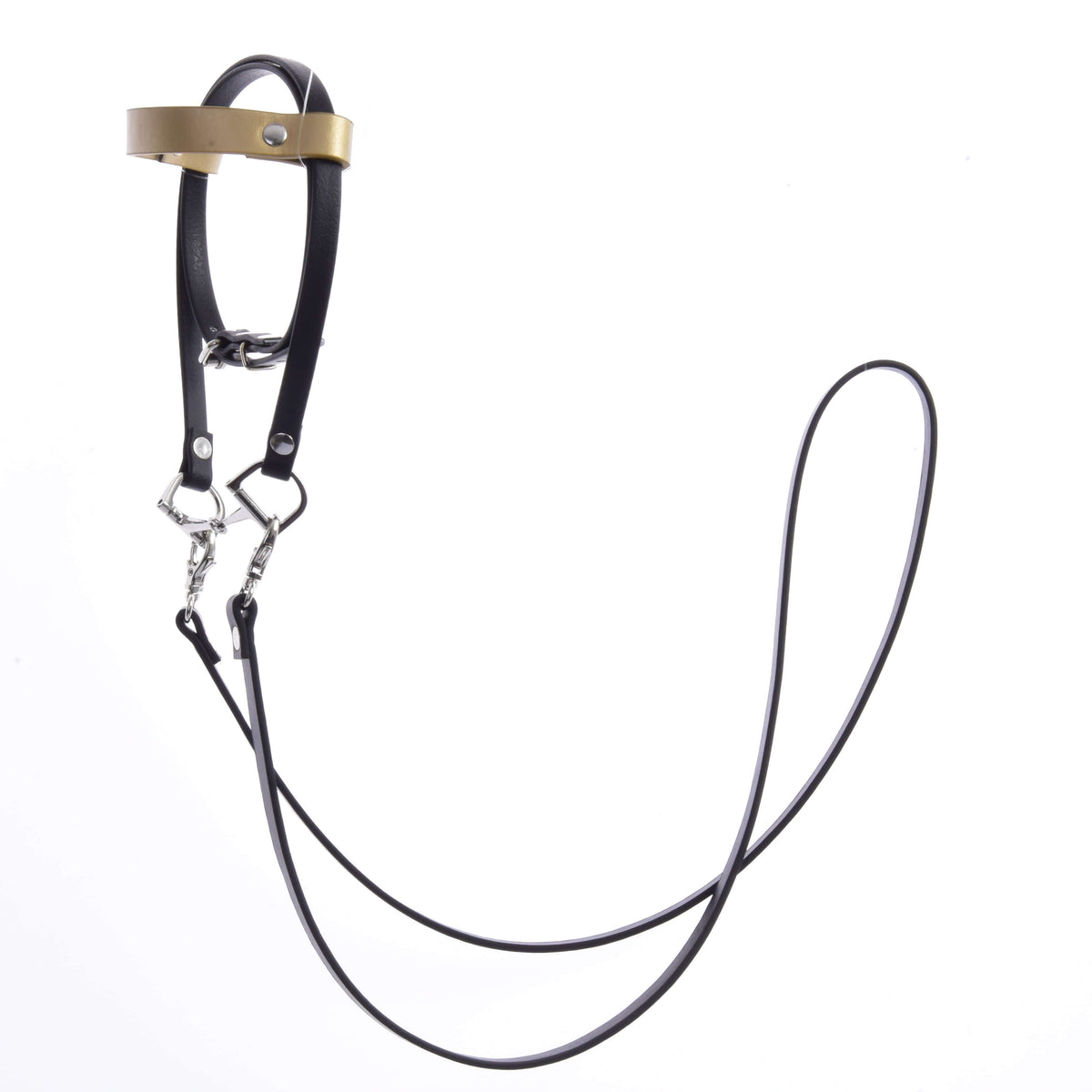 LarDen Hobby Horse Complete Leatherette Bridle black with gold headband, thin black reins and silver snap hooks