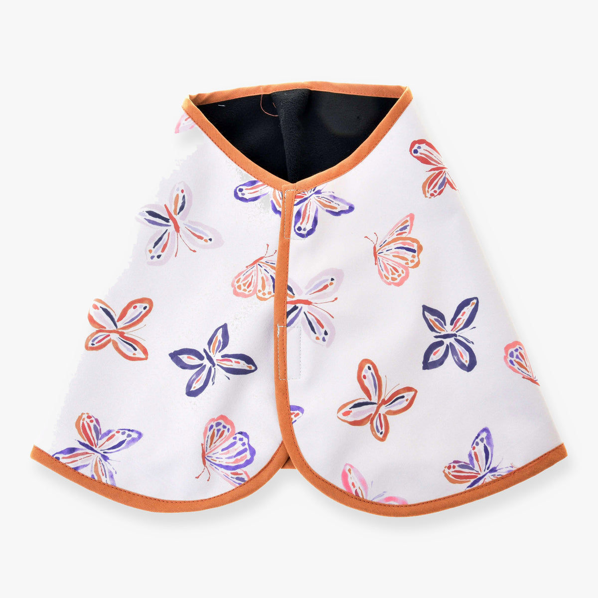 Hobby Horse Blanket Butterfly by LarDen in white softshell with orange, pink and purple butterflies and a rust trim