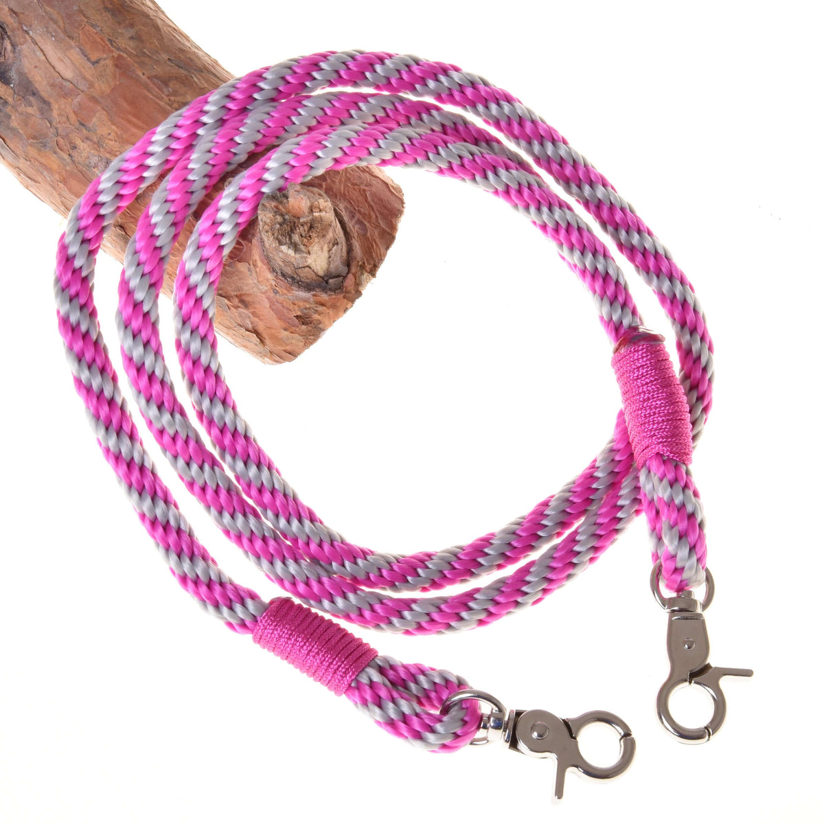 Hobby Horse reins from the Set Start Pink in pink and grey twisted rope with pink whipping and a snap hook at each end