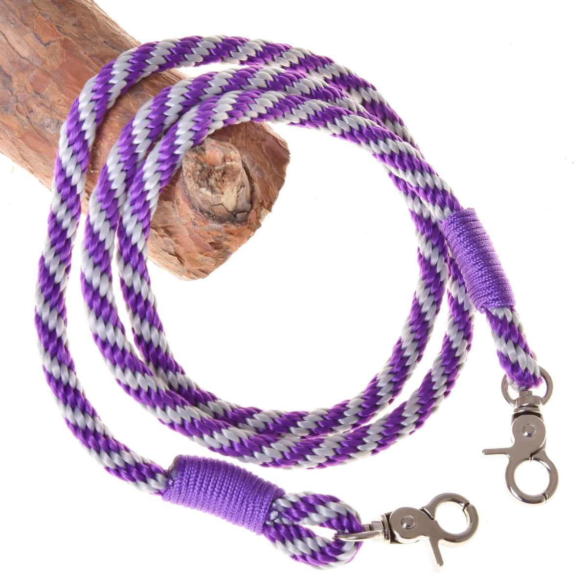 Tyglar för Hobby Horse från Set Start Purple i lila och grått tvinnat rep med lila lindning och en karbinhake i varje ände