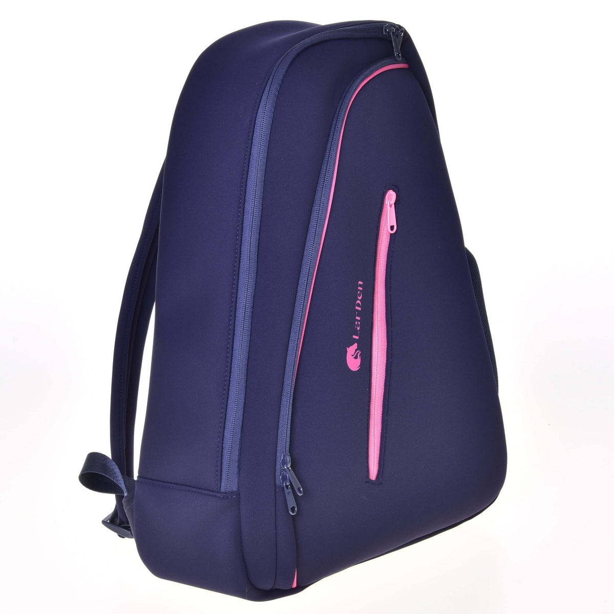 Hobby Horse Backpack LarDen in navy neoprene with pink zips, a diagonal front pocket and a pink logo