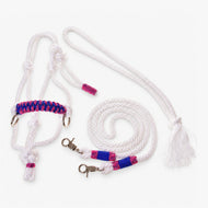 Hobby Horse Rope set White by LarDen: white rope halter with a blue and pink braided noseband and rope reins with a tassel