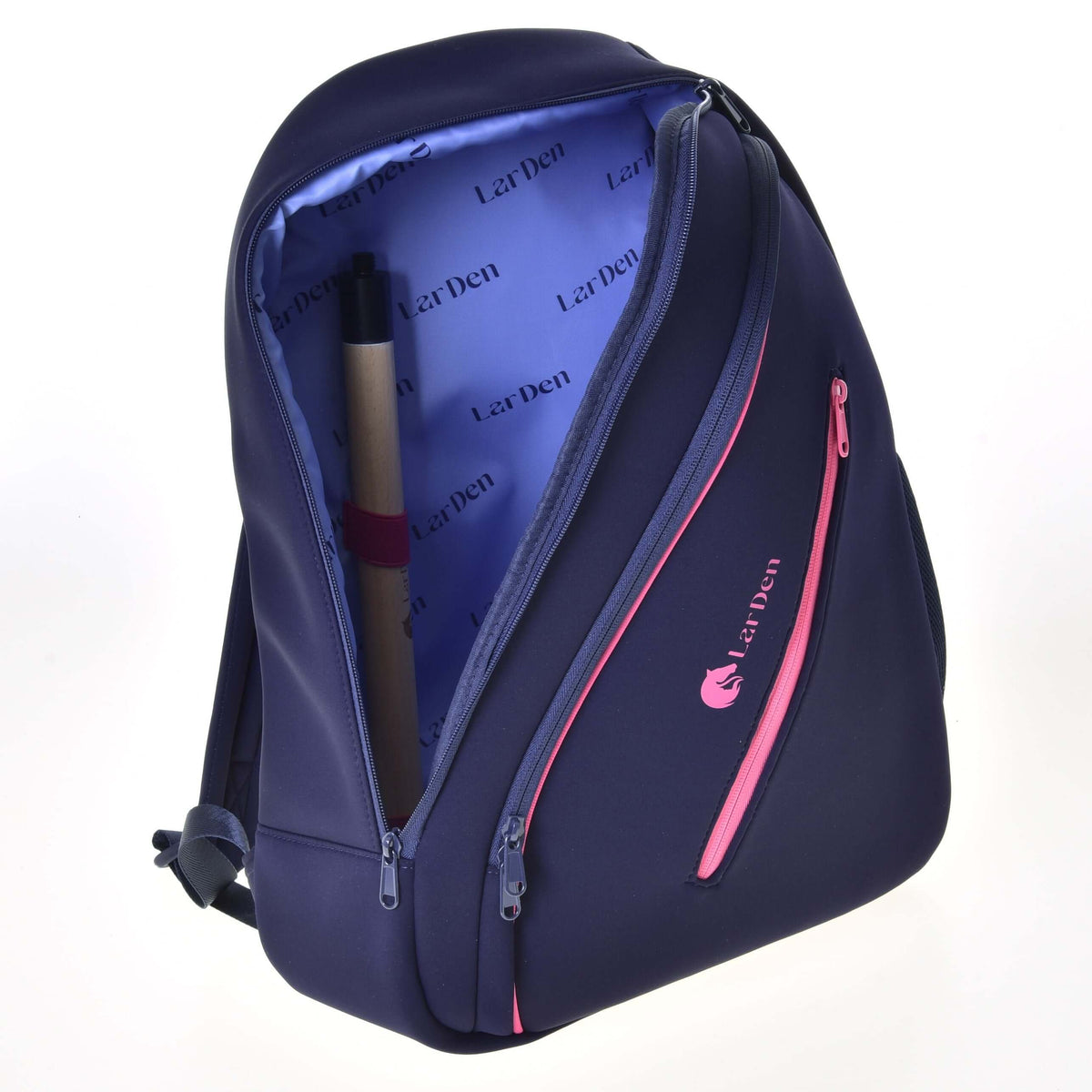Open main compartment of the Hobby Horse Backpack, lilac lining printed with LarDen and a stick standing inside
