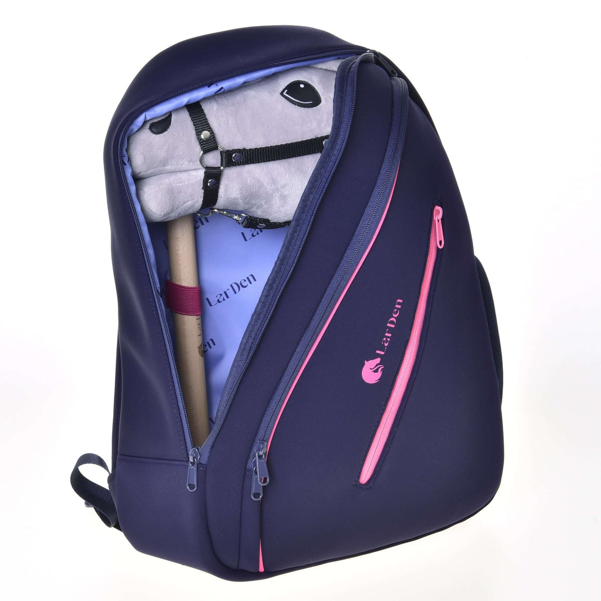 Open Hobby Horse Backpack with a grey plush horse head in a black halter packed inside the lilac-lined main compartment