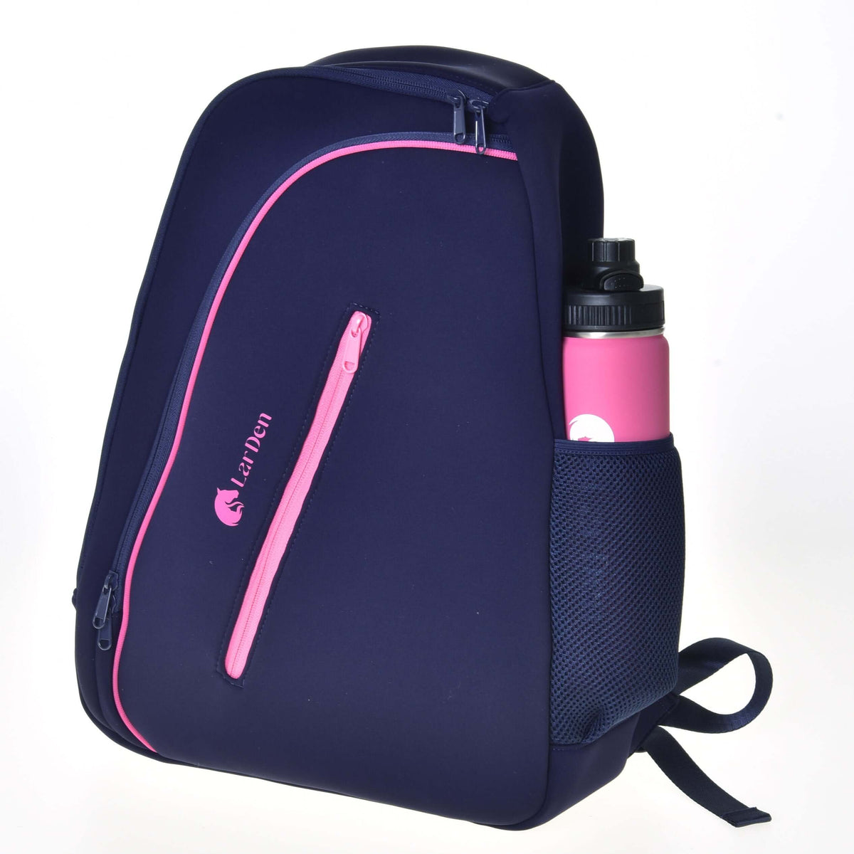 Hobby Horse Backpack with a pink drinking bottle in the mesh side pocket, pink zip pocket and logo on the front